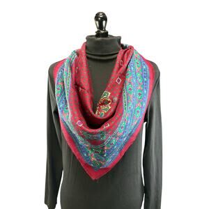 Vintage Challis by Berkshire Square Scarf 30x30 Red Burgundy Blue Green pattern